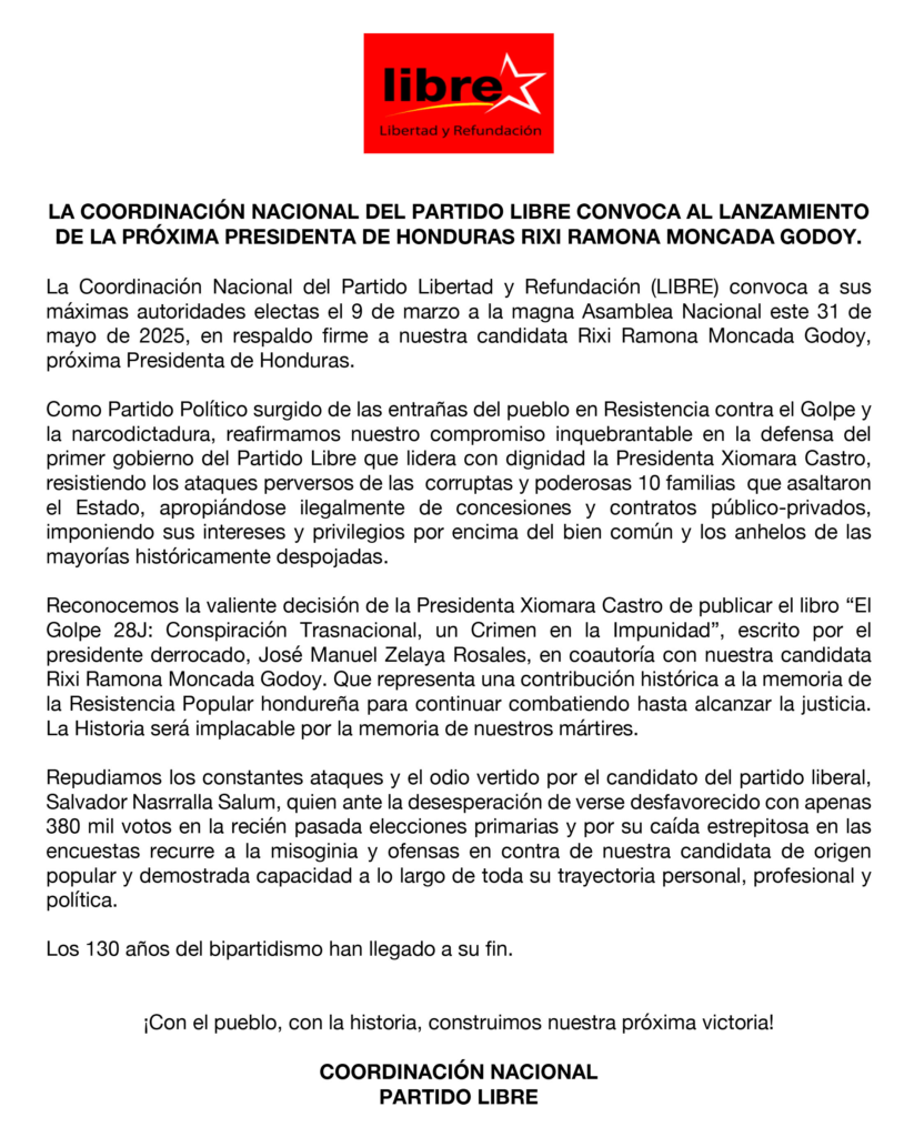 Comunicado del Partido Libre.