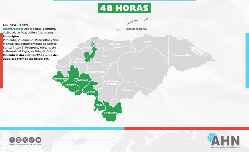 Seis departamentos de Honduras en alerta verde por lluvias