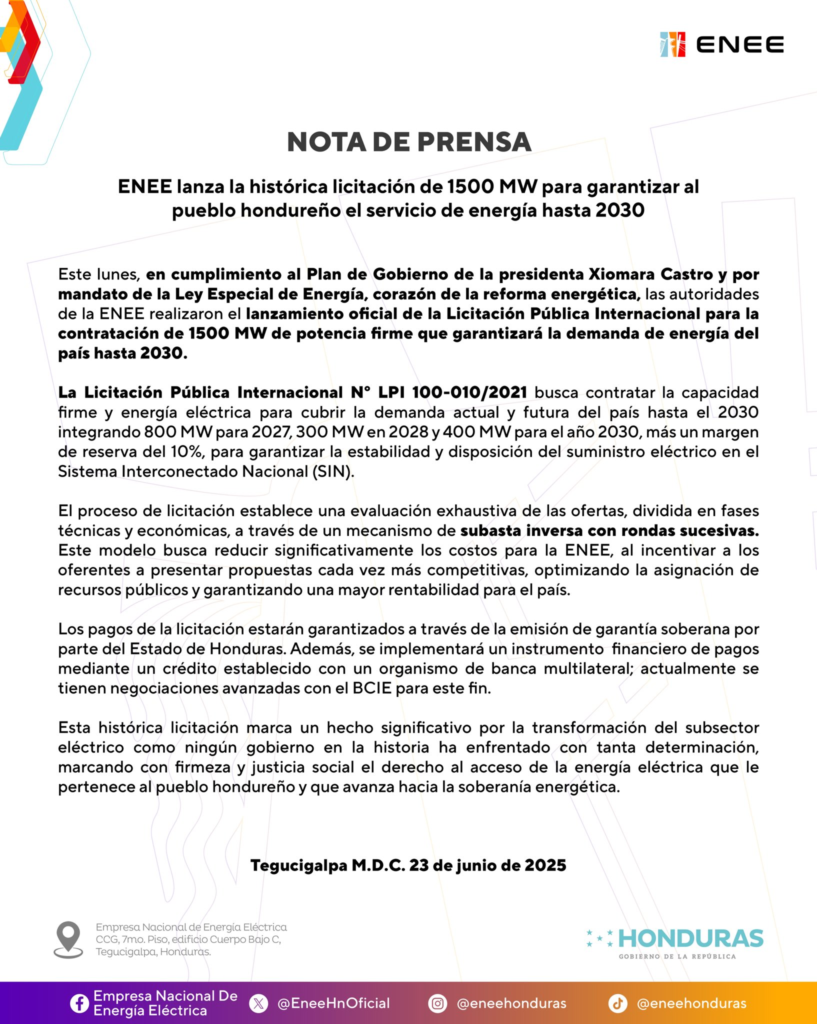 Lanza Honduras licitación internacional para garantizar suministro eléctrico hasta 2030.