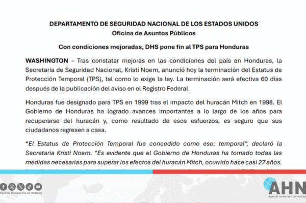 EEUU anuncia fin del TPS tras constatar mejoras en Honduras