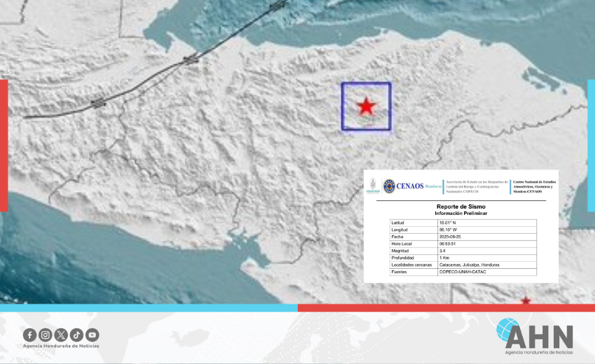 Reportan sismo de magnitud 3.4 en la zona oriental de Honduras