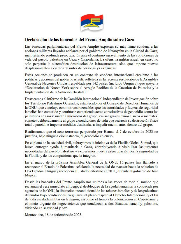 Partido oficialista de Uruguay condena acción militar de Israel en Gaza. 