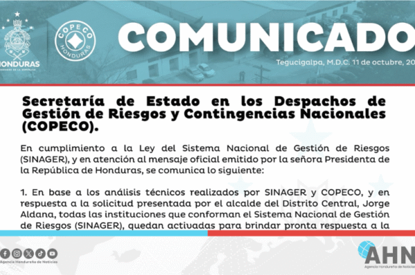 Honduras activa Sistema Nacional de Gestión de Riesgos por lluvias