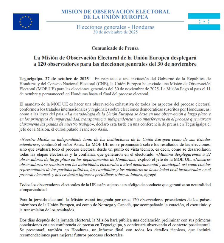 UE desplegará 120 observadores para elecciones generales en Honduras.