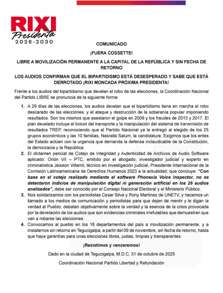 Autoridades del Partido Libre anuncian movilización sin retorno en Honduras.
