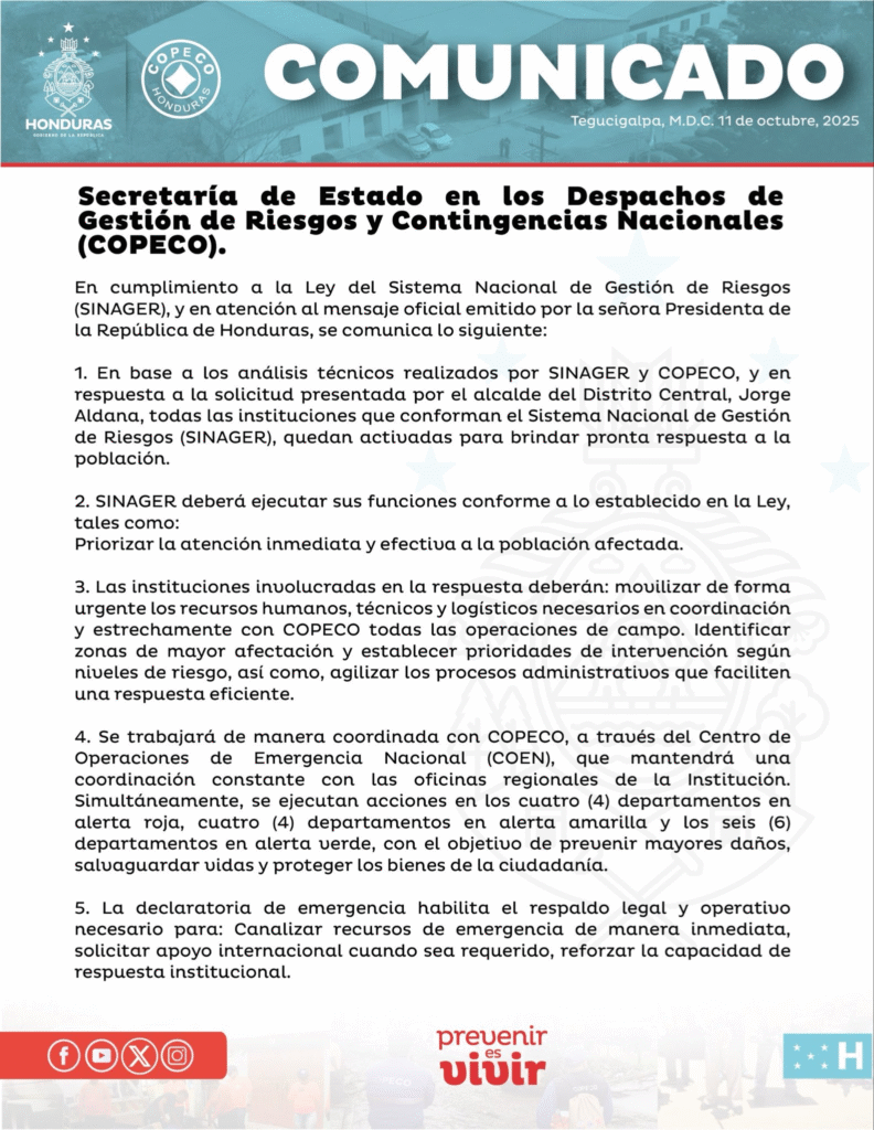 Honduras activa Sistema Nacional de Gestión de Riesgos por lluvias.