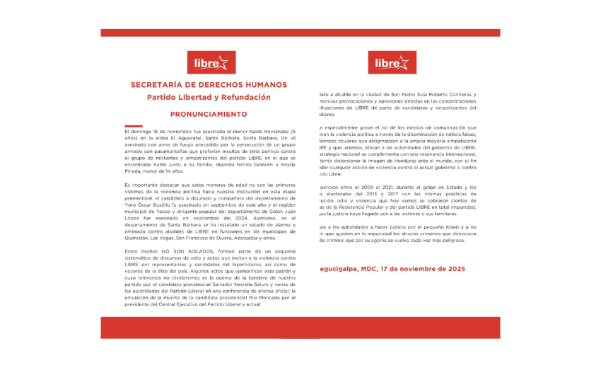 Partido Libre de Honduras denuncia ataque armado en noroccidente del país.