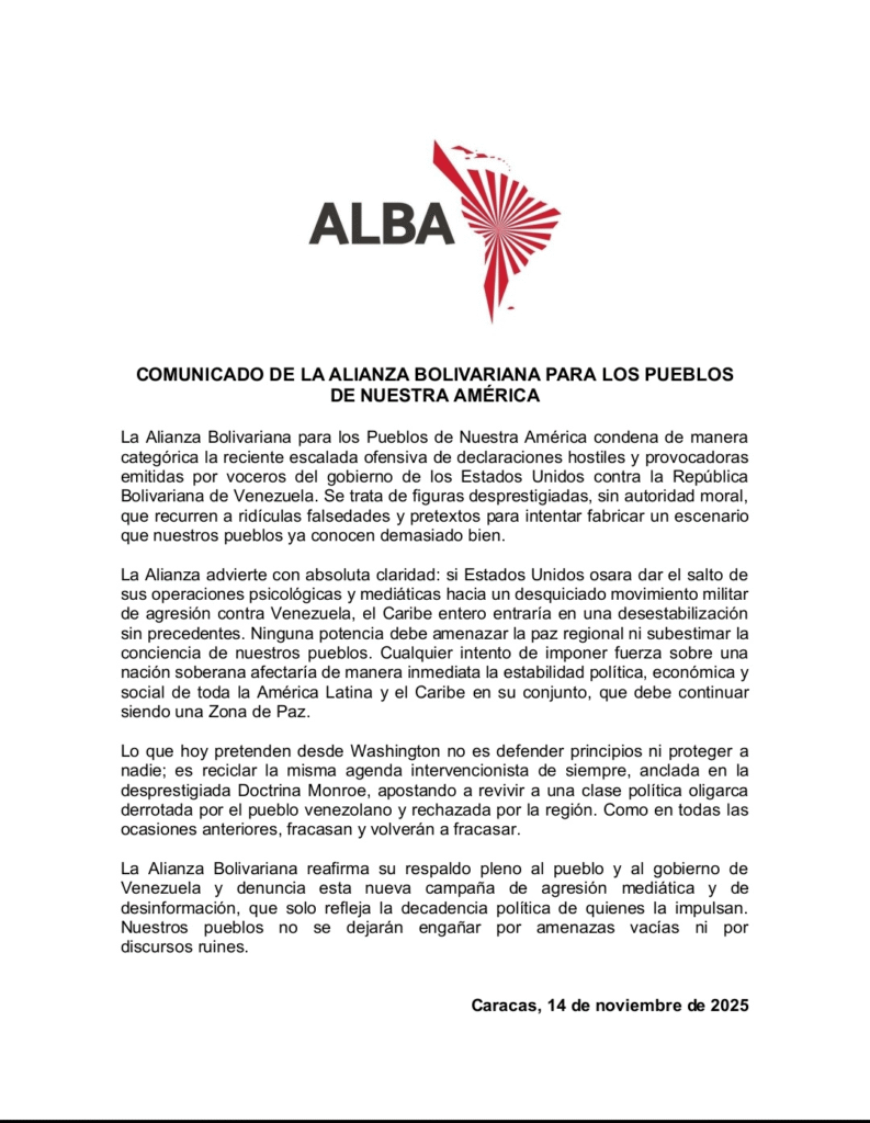 ALBA-TCP denuncia escalada de hostilidades de EEUU contra Venezuela.
