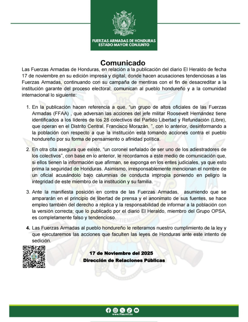 Fuerzas Armadas de Honduras rechazan acusaciones de interferencia política.