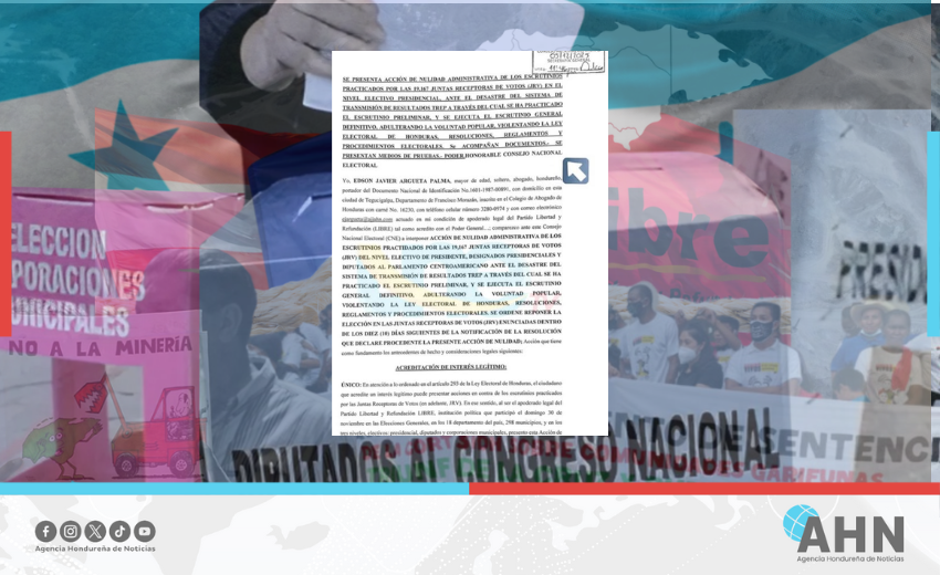 Partido oficialista de Honduras interpone recurso de nulidad electoral ante inconsistencias en TREP